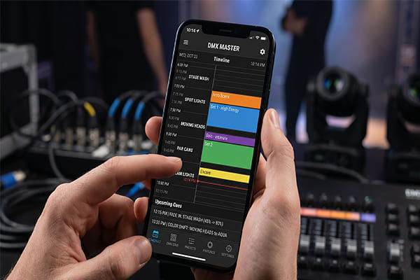 A smartphone app showing a DMX lighting control schedule
